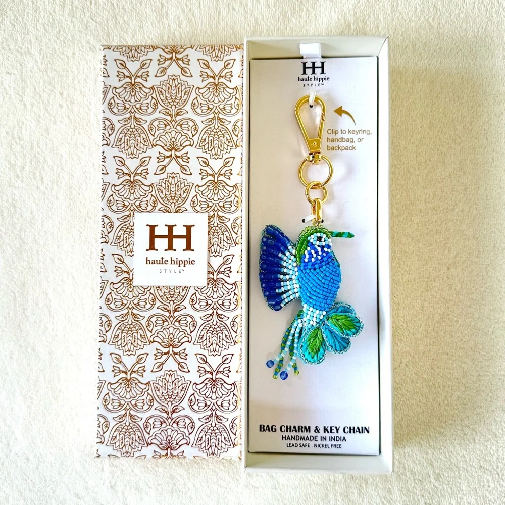 Haute Hippie Blue & Green Beaded Hummingbird Key Chain / Bag Charm